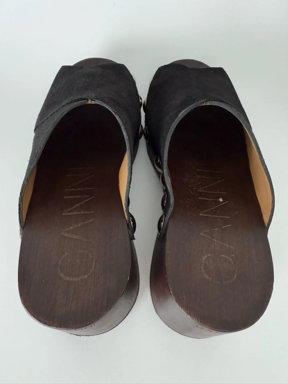 GANNI Retro Studded Wood Black Suede Clogs Open Toe Wedge - Picture 9 of 16